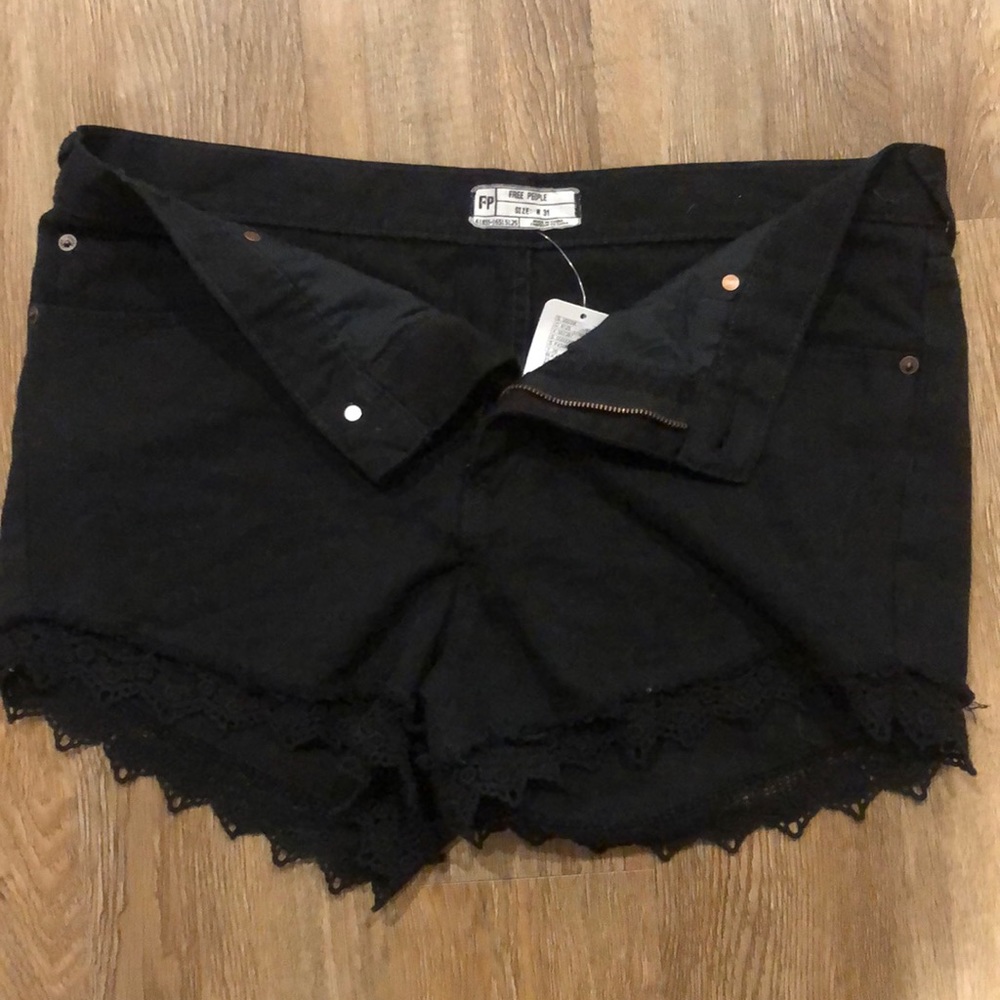 Free people-black denim shorts, crochet fringe NWT